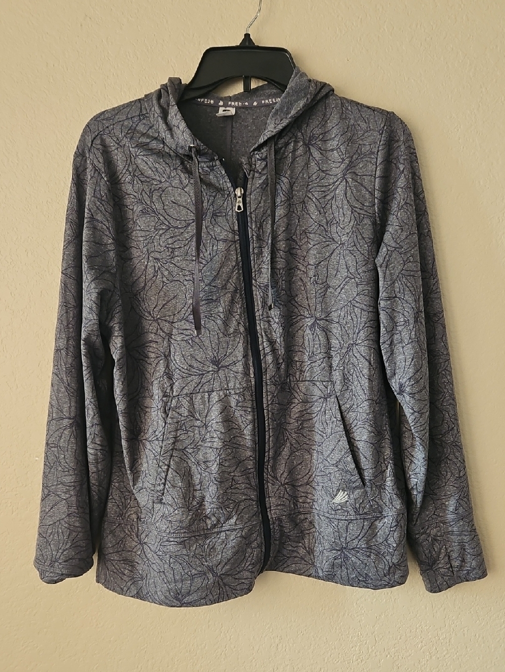 Free2B Floral Zip-Up Hooded Sweatshirt in Heather with Leaf‎ Print Large